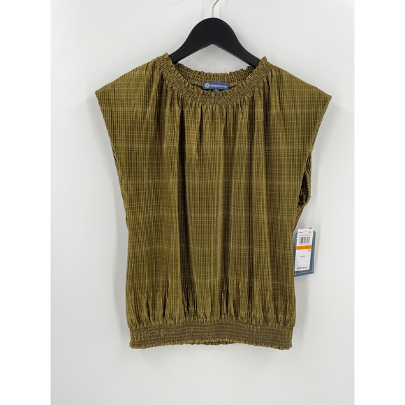Democracy Tops - Democracy Metallic Plaid Smocked Blouse Olive Gold Cap Sleeve NWT Small